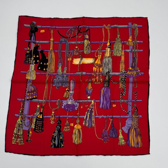 Trevisan S.R.L. Accessories - Trevisan S.R.L. Venezia Vintage Silk Scarf With Tassel Design In Red Purple & Go